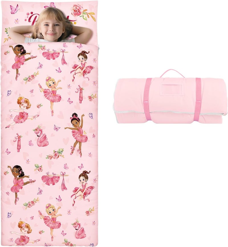 Decalsweet Kids Sleeping Bag Toddler Nap Mat with Removable Pillow, Large Foldable Sleeping Bag for Girls Boys, Easy Clean Slumber Bag with Double Zip for Camping School Preschool Daycare, 59×24 inch - Image 1
